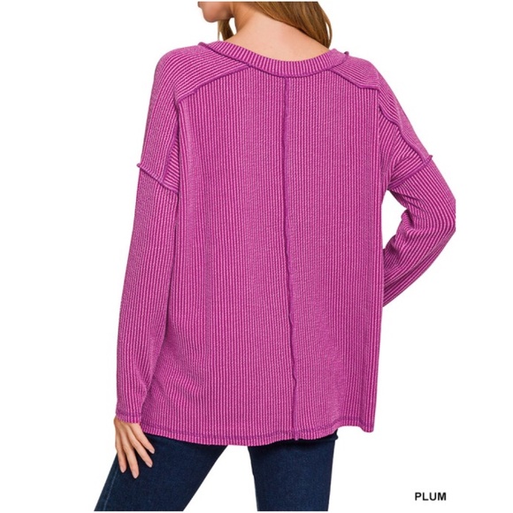 Zenana Solid Ribbed Knit V neck Reverse Stitch Long Sleeve Top - Picture 2 of 5
